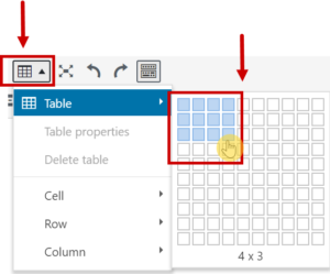 adding a table with 3 rows and 4 columns
